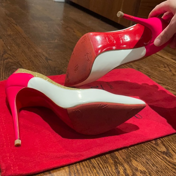 CHRISTIAN LOUBOUTIN
White/Gold/Pink Leather & Glitter Tucsick 100 Pumps - Picture 7 of 7